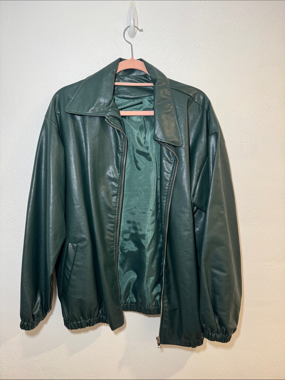 Dark Green Faux Leather Bomber Jacket